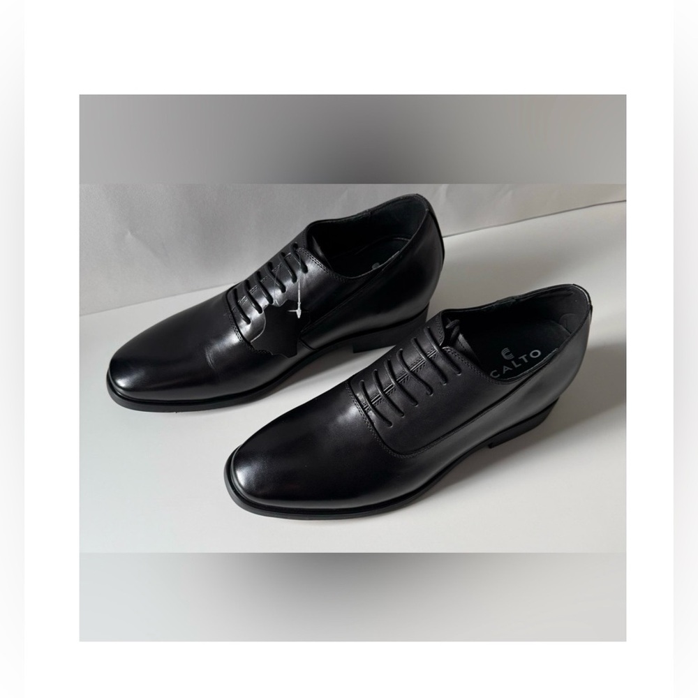 CALTO Men's Oxford 100% Leather Shoes Black Lace Up Height Increasing Size 10